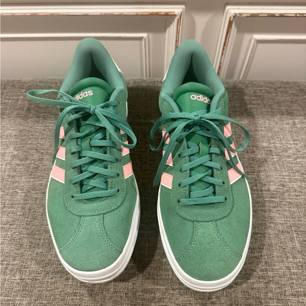 adidas Women's Mint Green Suede Sneakers with Pink Stripes